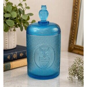 Vintage Blue Owl Textured Glass Apothecary Candy Jar Canister w/ Lid 7”